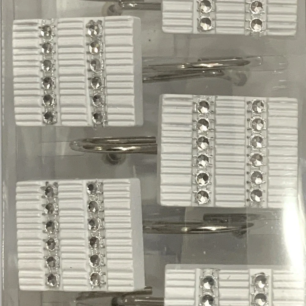 White Diamonds Rhinestone Shower Curtain Hooks Resin White Silver Set of 12